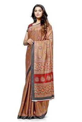 Beige printed tussar silk saree with blouse 1