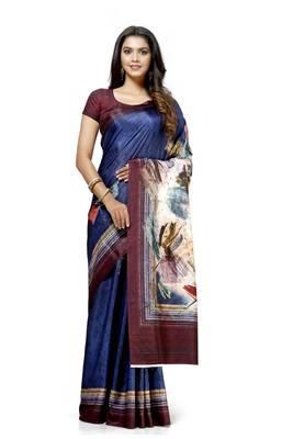 Navy blue printed tussar silk saree with blouse 1