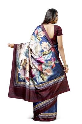 Navy blue printed tussar silk saree with blouse 2