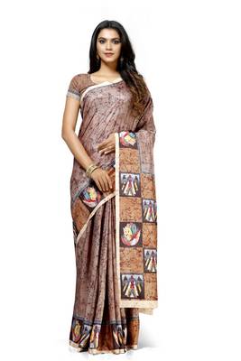 Beige printed tussar silk saree with blouse 1