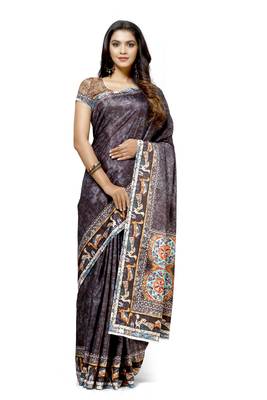 Coffee printed tussar silk saree with blouse 1