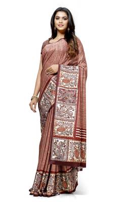 Red printed tussar silk saree with blouse 1