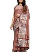 Red printed tussar silk saree with blouse