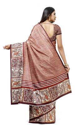 Red printed tussar silk saree with blouse 2