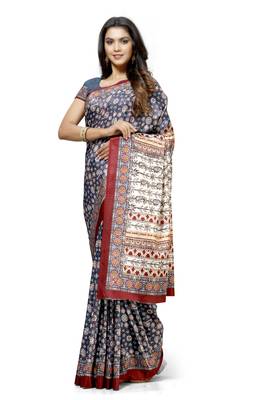 Blue printed tussar silk saree with blouse 1