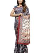 Blue printed tussar silk saree with blouse