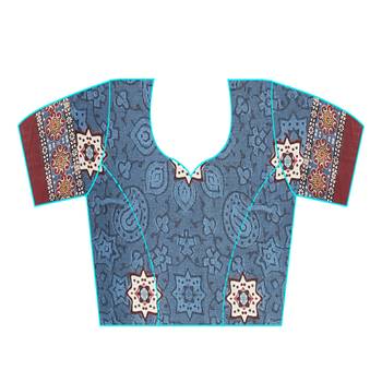 Blue printed tussar silk saree with blouse 4