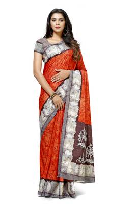 Red printed tussar silk saree with blouse 1