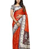 Red printed tussar silk saree with blouse