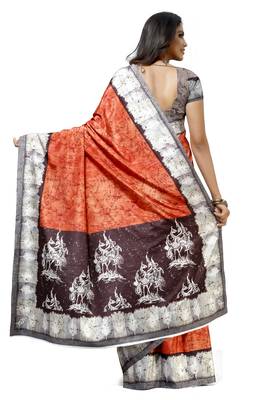 Red printed tussar silk saree with blouse 2