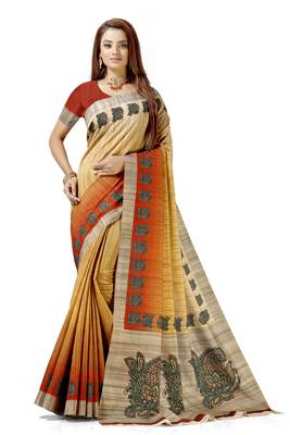 Peach printed tussar silk saree with blouse 1