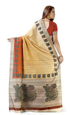 Peach printed tussar silk saree with blouse 2