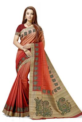 Peach printed tussar silk saree with blouse 1