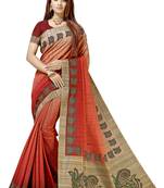 Peach printed tussar silk saree with blouse