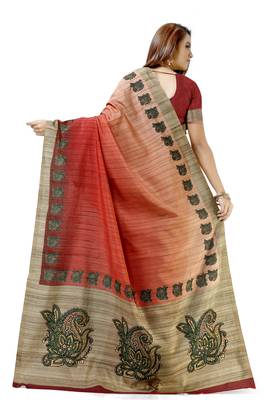 Peach printed tussar silk saree with blouse 2