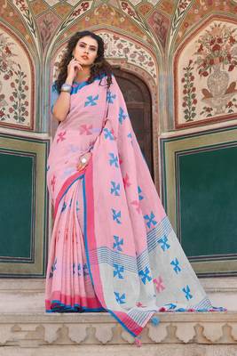 Light Pink Linen Cotton Embroider Work Indian Wear Saree 1