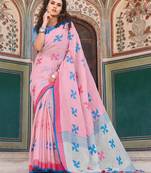 Light Pink Linen Cotton Embroider Work Indian Wear Saree