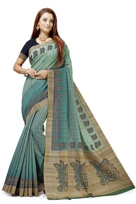 Turquoise printed tussar silk saree with blouse 1