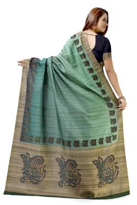 Turquoise printed tussar silk saree with blouse 2
