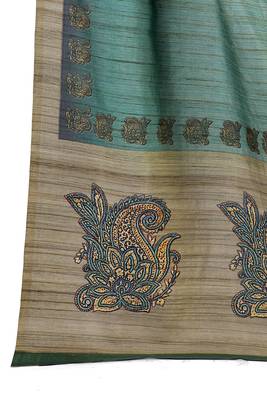Turquoise printed tussar silk saree with blouse 3