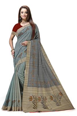 Grey printed tussar silk saree with blouse 1