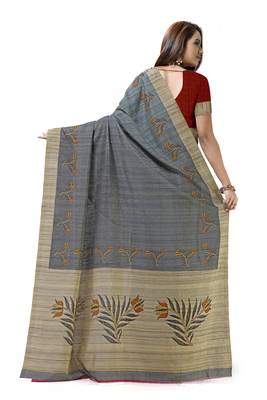 Grey printed tussar silk saree with blouse 2