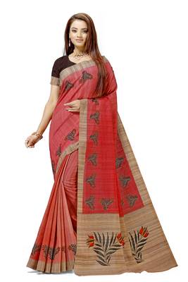 Peach printed tussar silk saree with blouse 1