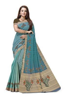 Turquoise printed tussar silk saree with blouse 1
