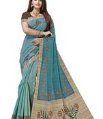 Turquoise printed tussar silk saree with blouse