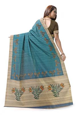 Turquoise printed tussar silk saree with blouse 2