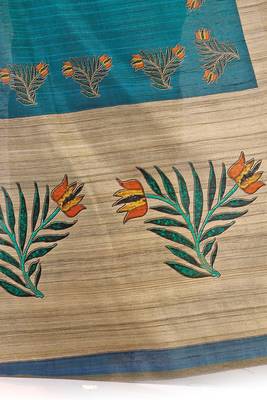 Turquoise printed tussar silk saree with blouse 3