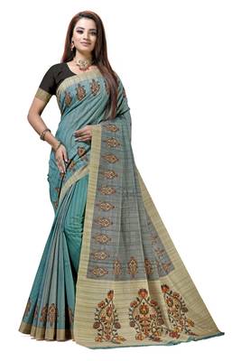 Turquoise printed tussar silk saree with blouse 1