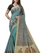 Turquoise printed tussar silk saree with blouse