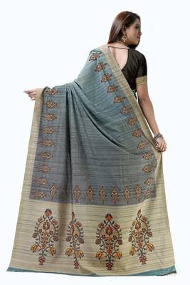 Turquoise printed tussar silk saree with blouse 2