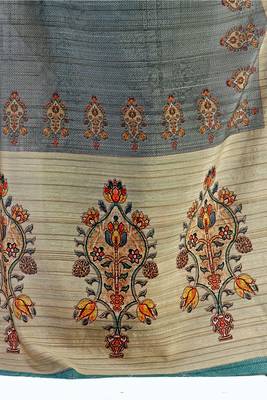 Turquoise printed tussar silk saree with blouse 3