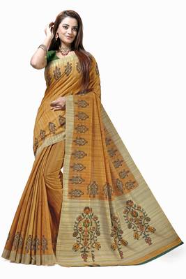 Mustard printed tussar silk saree with blouse 1