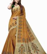 Mustard printed tussar silk saree with blouse