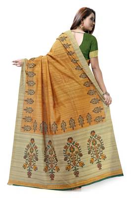 Mustard printed tussar silk saree with blouse 2
