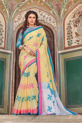 Yellow Linen Cotton Embroider Work Indian Wear Saree 1