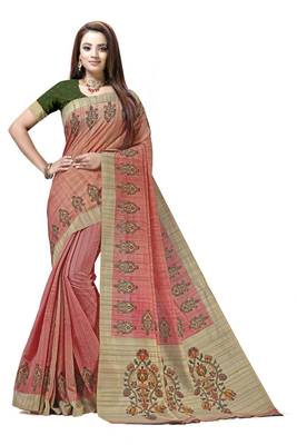 Peach printed tussar silk saree with blouse 1