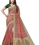 Peach printed tussar silk saree with blouse