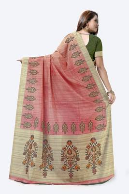 Peach printed tussar silk saree with blouse 2