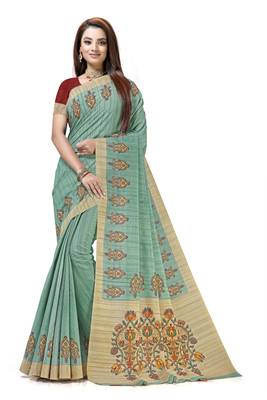 Turquoise printed tussar silk saree with blouse 1