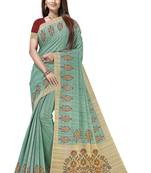 Turquoise printed tussar silk saree with blouse