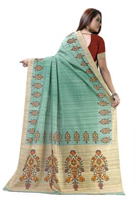 Turquoise printed tussar silk saree with blouse 2