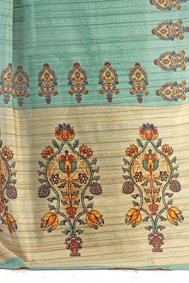 Turquoise printed tussar silk saree with blouse 3