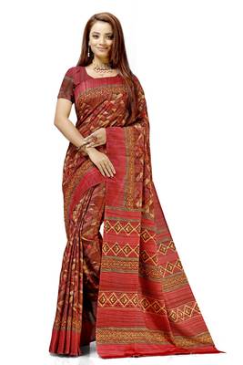 Red printed tussar silk saree with blouse 1