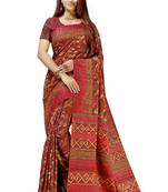 Red printed tussar silk saree with blouse