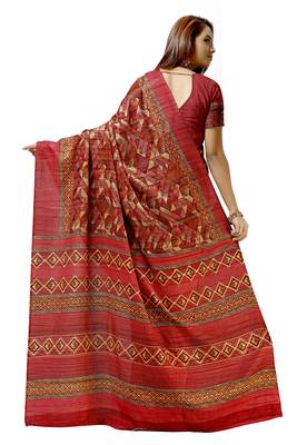 Red printed tussar silk saree with blouse 2