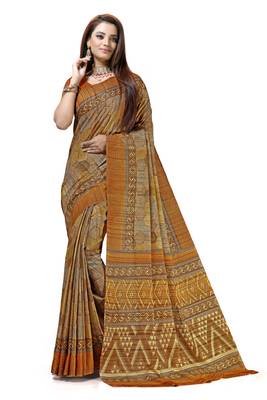 Mustard printed tussar silk saree with blouse 1